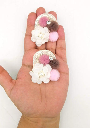 Hand Embroidered White, Pink And Brown Floral Applique, 2 Pcs